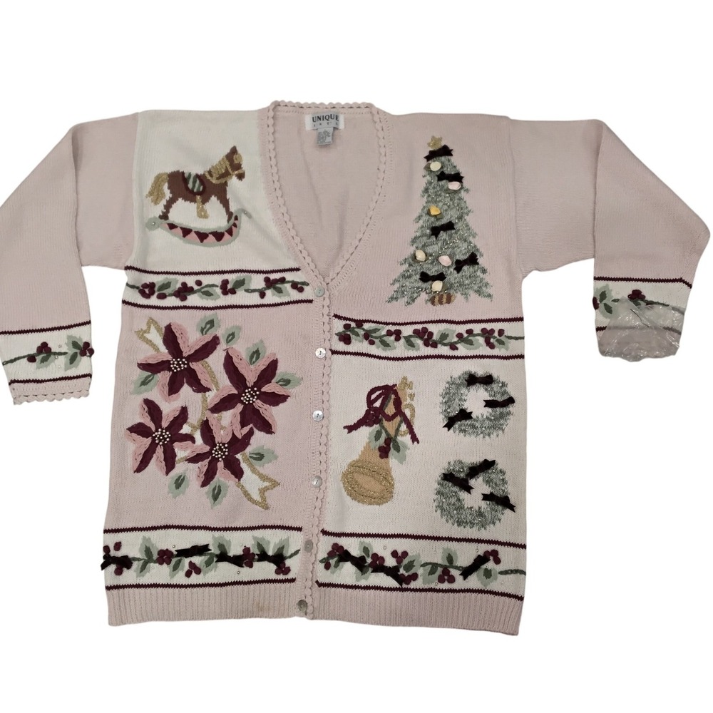 Unique Knit Women's Christmas Cardigan Sweater Rocking Horse‎ Tree Poinsettia -L